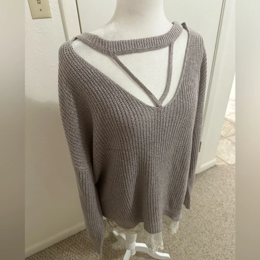 Moral fiber women’s knit tunic crisscross neckline lace hem boho size XXL